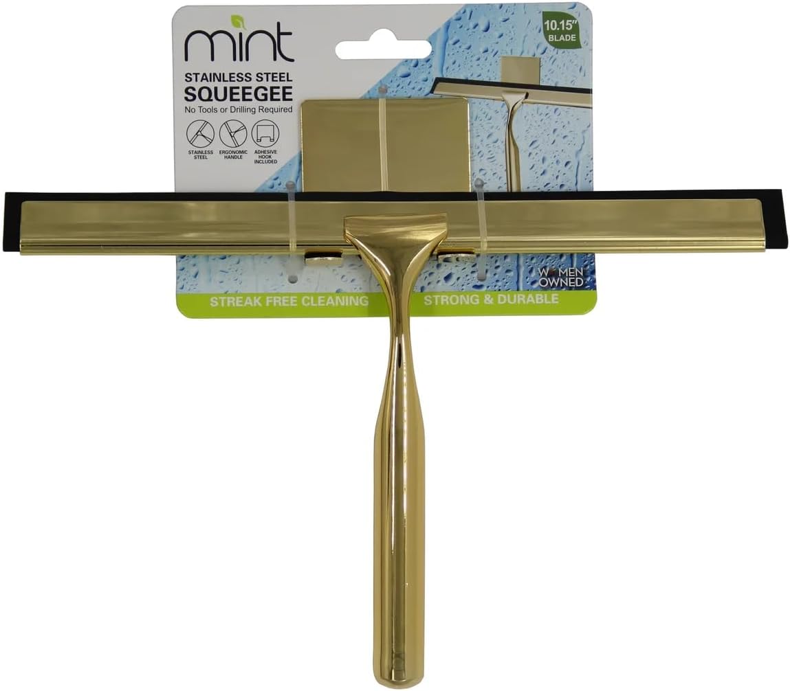 J&V TEXTILES All-Purpose Stainless Steel Shower Squeegee for Glass Doors with Adhesive Hooks, Squeegee for Shower Glass, Bathroom Household Cleaner Tool, 10 Inch (Gold)