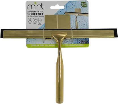 J&V TEXTILES All-Purpose Stainless Steel Shower Squeegee for Glass Doors with Adhesive Hooks, Squeegee for Shower Glass, Bathroom Household Cleaner Tool, 10 Inch (Gold)