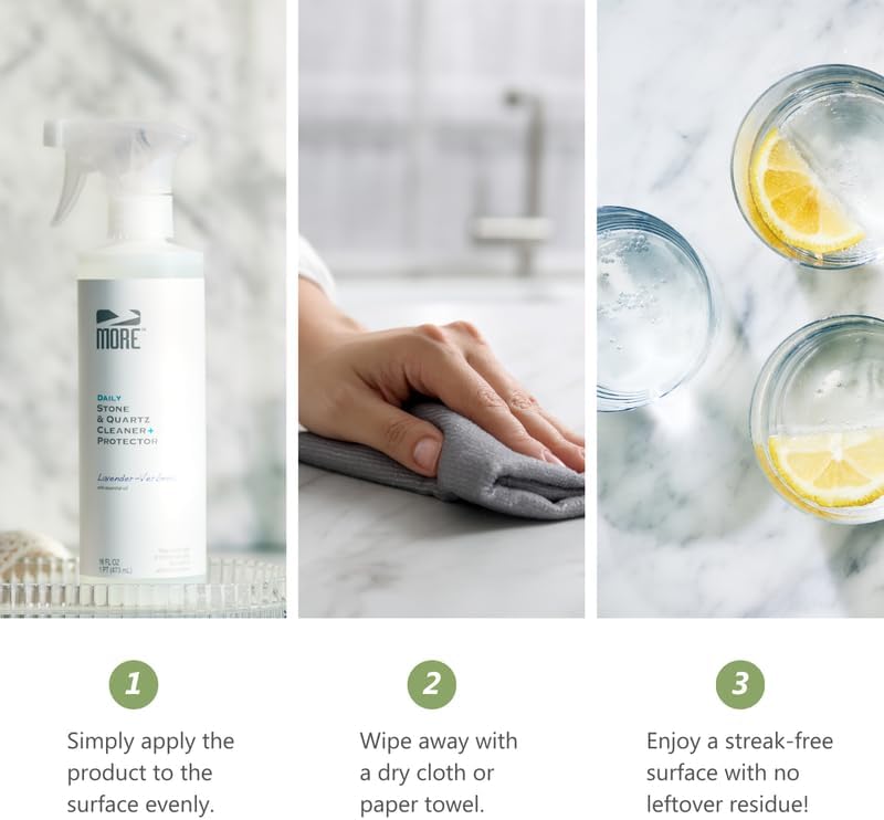 MORE Stone & Quartz Cleaner + Protector - Water-Based Surface Spray - Granite, Quartz & Marble Cleaner - For Kitchen & Bathroom Countertops & Floors - Peppermint-Thyme Essential Oil - Pint (16oz)