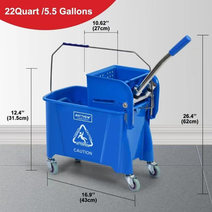 Matthew Cleaning 34 Quart Commercial Mop Bucket INCL.Wet String Mop with Side Press Wringer On Wheels,Heavy Duty Tandem Portable Floor Cleaning Wavebrake,Ideal for Household,Industrial,Restaurant