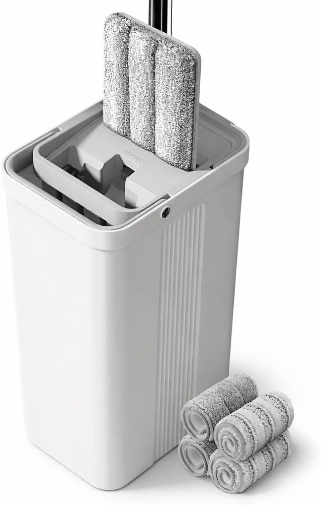 Encased Flat Mop and Bucket Set – Hands-Free Wash & Dry Dual-Chamber System with Reusable Microfiber Pads