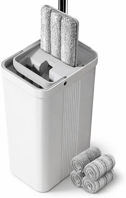 Encased Flat Mop and Bucket Set – Hands-Free Wash & Dry Dual-Chamber System with Reusable Microfiber Pads
