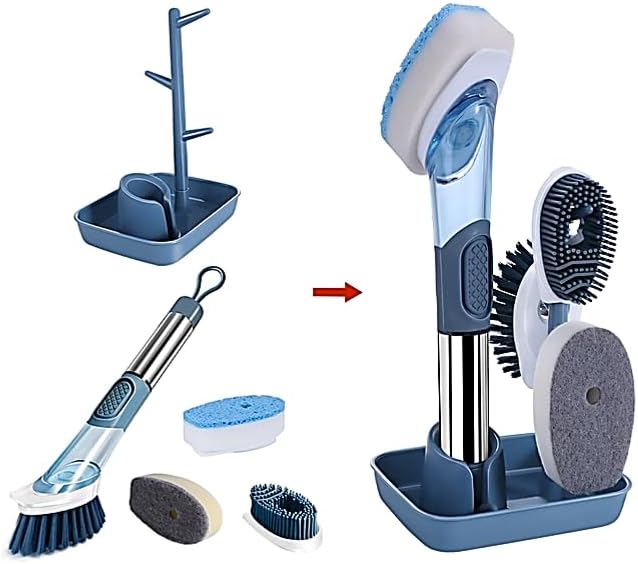 Soap-Dispensing Dish Washing Brush Set – Includes 4 Replaceable Heads & Stylish Storage Stand – Effortless Scrubbing for Dishes, Pots, Pans & Sinks