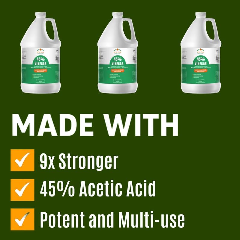 FIVE STAR MATERIALS RESOURCES 45% Vinegar Concentrated | White Vinegar for Cleaning and Garden | Home, and Outdoor Pure | Max Performance 7X Power | with Instructions (128 oz)