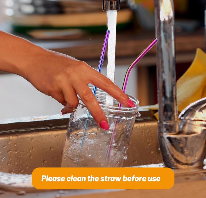 VEHHE Reusable Straws 8 Set Multi Color Stainless Steel Straws - Cleaning Brush for 20 Oz (Rainbow 8.5 inch + 10.5 inch)