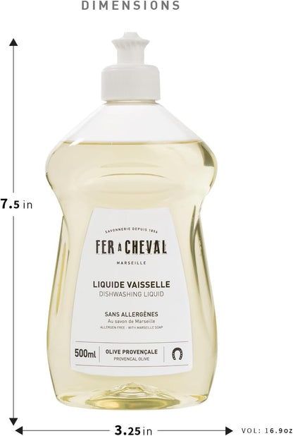 Fer à Cheval Marseille Dishwashing Soap, Olive Oil Based, Made in France - Liquid Dishwashing Soap, 500 ml/16.9 fl oz