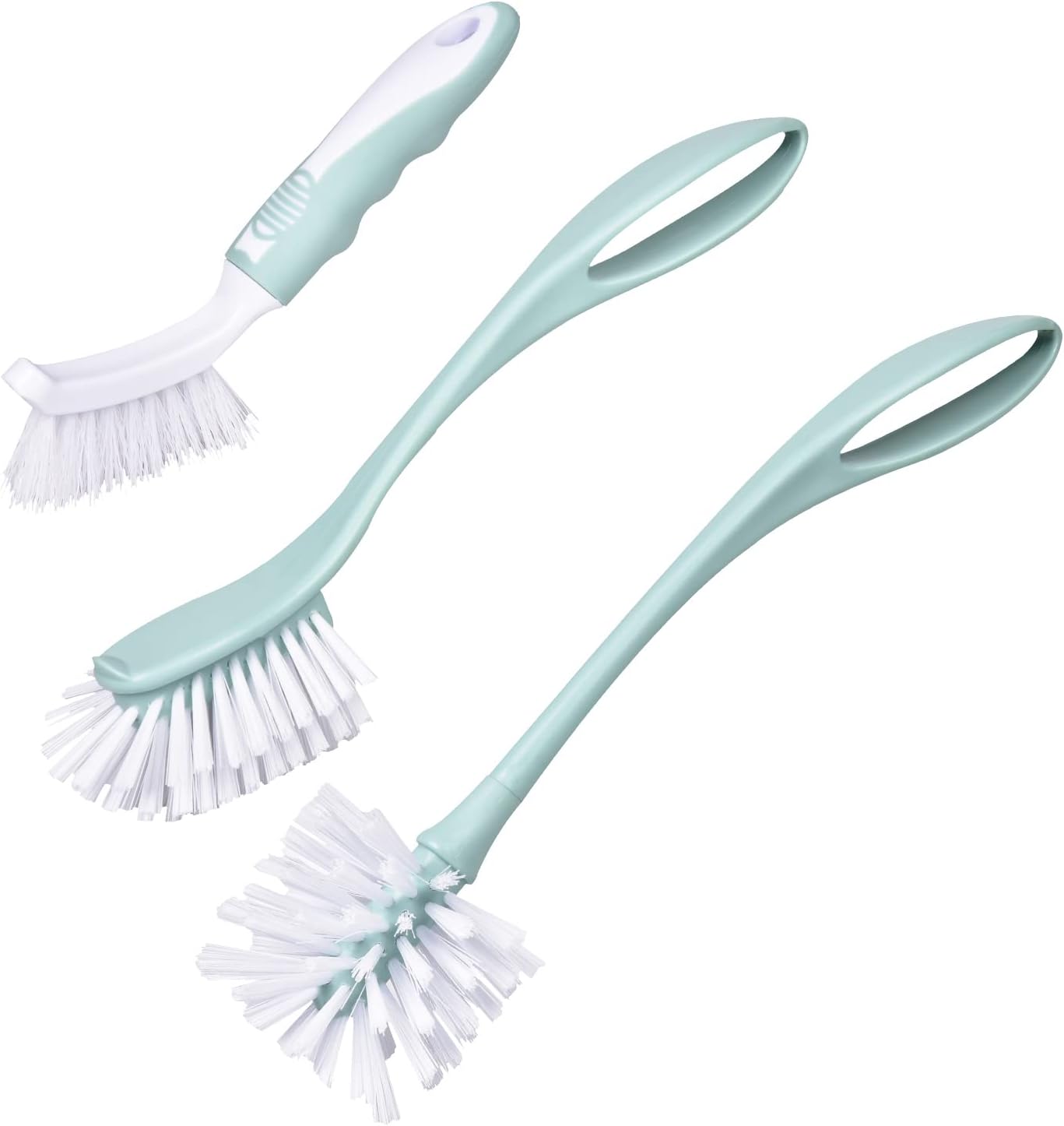 Dish Brush with Handle, Kitchen Deep Cleaning Dish Scrub Brush, 3 Pieces Ergonomic Built-in Hanging Loops Scrubber Brush Set for Pot, Dish, Pans, Bottle, Sink Cleaning, Nordic Green