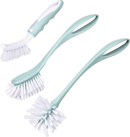 Dish Brush with Handle, Kitchen Deep Cleaning Dish Scrub Brush, 3 Pieces Ergonomic Built-in Hanging Loops Scrubber Brush Set for Pot, Dish, Pans, Bottle, Sink Cleaning, Nordic Green