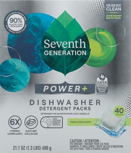 Seventh Generation Power Plus Dishwasher Detergent Packs Fresh Citrus scent Pack of 2 for sparkling dishes Dishwasher tabs 40 count