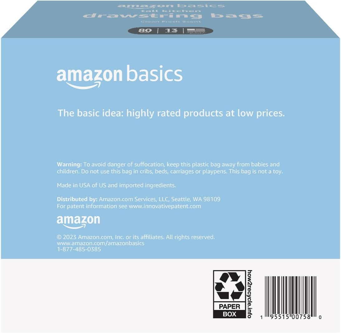 Amazon Basics Scented Trash Bags, Tall Kitchen Drawstring, Clean Fresh Scent, 13 Gallon, 200 Count, Pack of 1