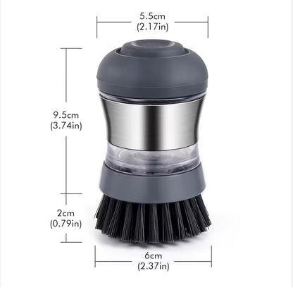 Soap Dispensing Dish Brush with Refillable Handle – Heavy Duty Palm Scrubber for Kitchen Sink, Pots, Pans & Dishes – Replaceable Brush Head – No Leak Design (Dark Gray)