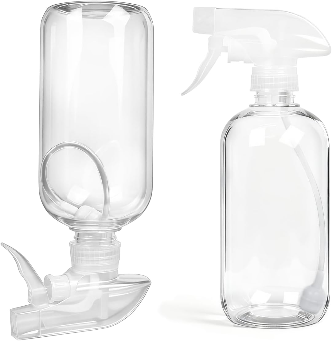 2 Pack 360° Spray Bottles, 10 oz Plastic Small Containers with Adjustable Spray Nozzles, Spray Bottles for Hair, Cleaning Solutions, BBQ and Plants Clear