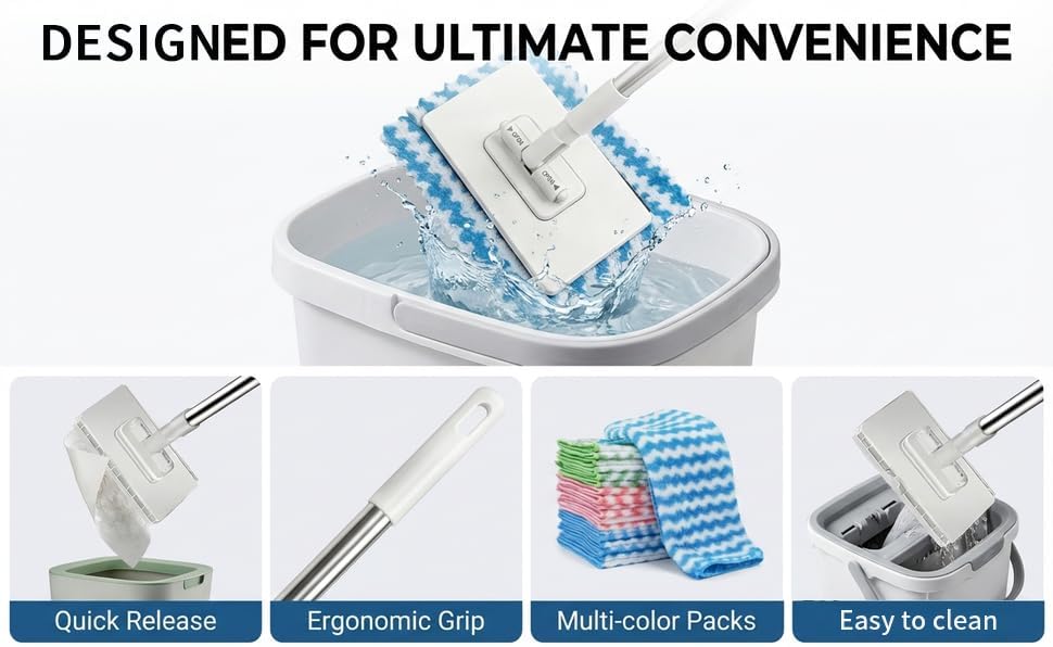 Snap Grip Mini Mop, Zero Touch MiniMop, Disposable Clip Mopstick Reusable Cloths, Retractable Gap Dust Cleaner Flat Mops with Locking Head & Sweeping Cloths (1*mop+5*Cloth)