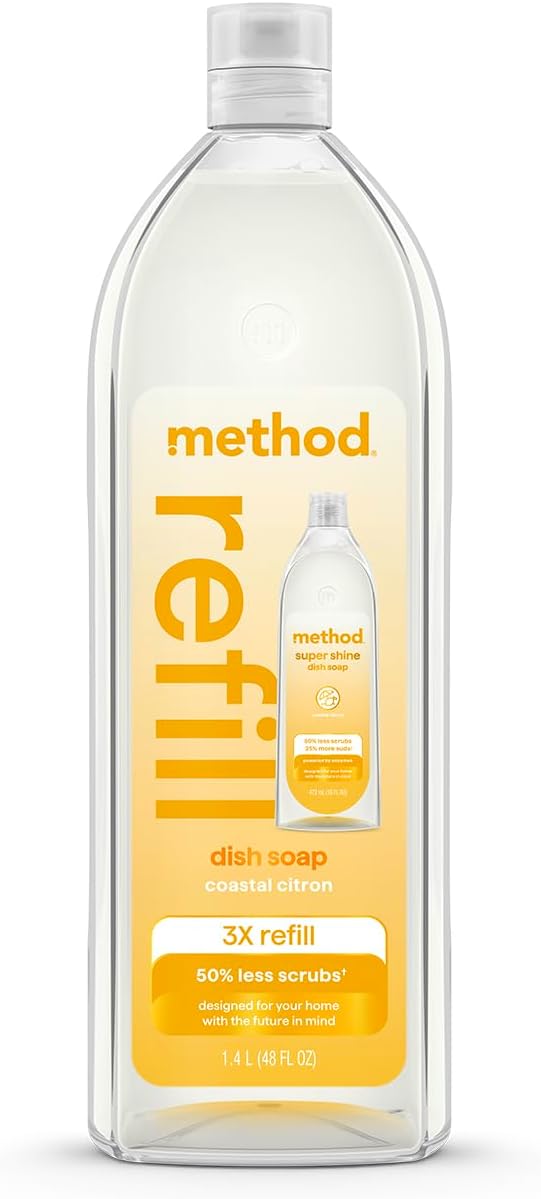Method Super Shine Liquid Dish Soap Refill, Powered by Enzymes, Free + Clear, Unscented, 48 fl oz
