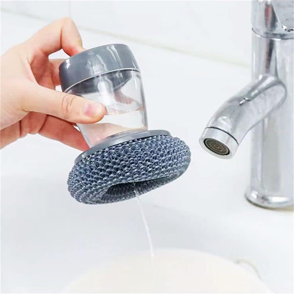 HomeSoGood 1pc Soap Dispensing Palm Steel Brush with 4 PET Replacement Brushes for Kitchen and Dish Cleaning