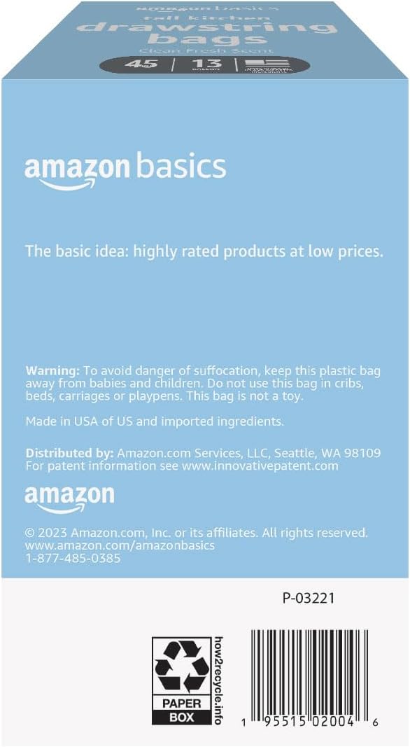 Amazon Basics Scented Trash Bags, Tall Kitchen Drawstring, Clean Fresh Scent, 13 Gallon, 200 Count, Pack of 1