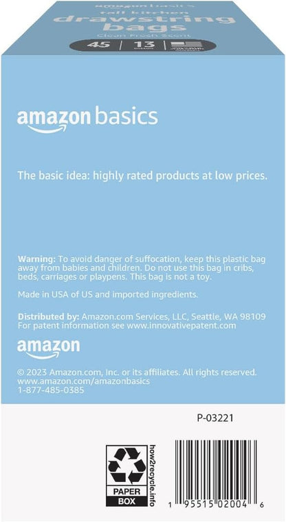 Amazon Basics Scented Trash Bags, Tall Kitchen Drawstring, Clean Fresh Scent, 13 Gallon, 200 Count, Pack of 1