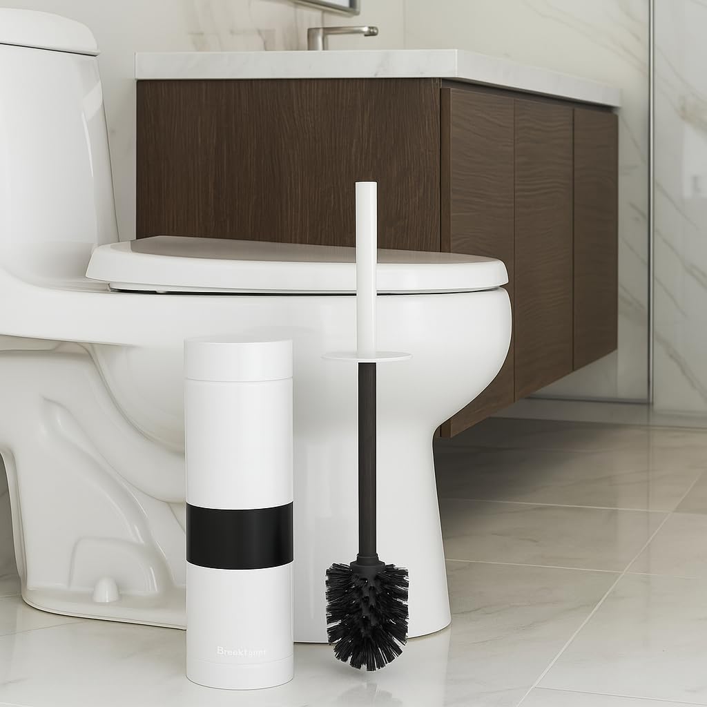 BROOKSTONE Toilet Brush and Holder Set for Bathroom with Splash Guard for Deep Cleaning, Compact and Space Saving Stylish Toilet Bowl Cleaners, Chrome