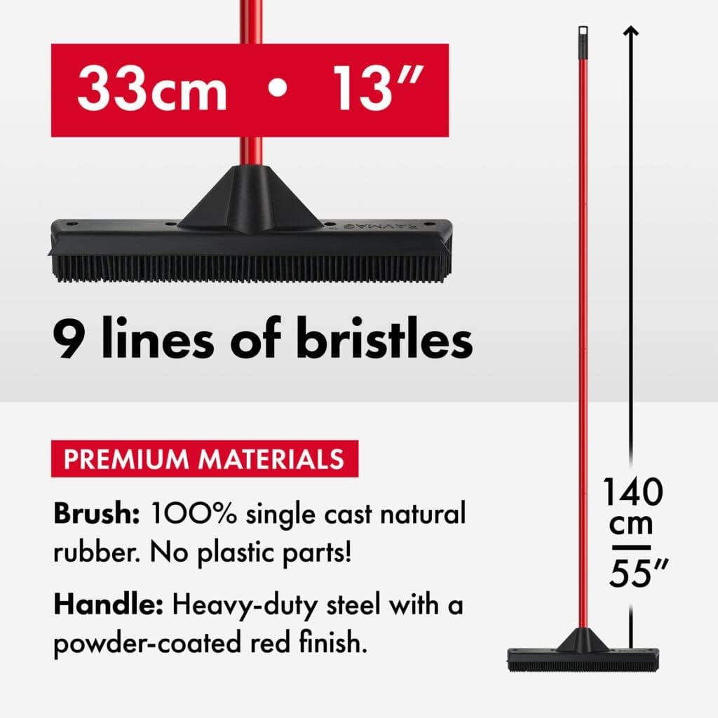 Pet Hair Remover Rubber Broom with Built in Squeegee - Carpet Rake for Pet Hair Removal on Hardwood Floor, Carpet & Tile - Picks Up More Dust & Debris - Rinse to Clean