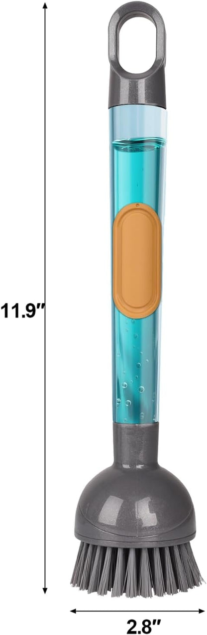 Soap Dispensing Dish Brush Storage Set with 360° Rotating Head, Kitchen Brush with 2 PCS Different Brush Heads & 3 PCS Sponges, Dish Brush Set with Handle for Dishes, Sink, Pans, Pots.
