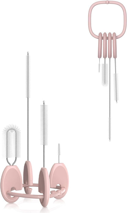 YOTIME 4in1 Straw Cleaner Brush Set, Reusable Standing Straw Brushs with Holder Ring, for Wide and Narrow Straws, Tumblers, Water Bottles and Cups, Pink