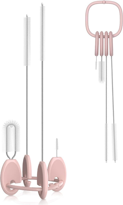YOTIME 4in1 Straw Cleaner Brush Set, Reusable Standing Straw Brushs with Holder Ring, for Wide and Narrow Straws, Tumblers, Water Bottles and Cups, Pink