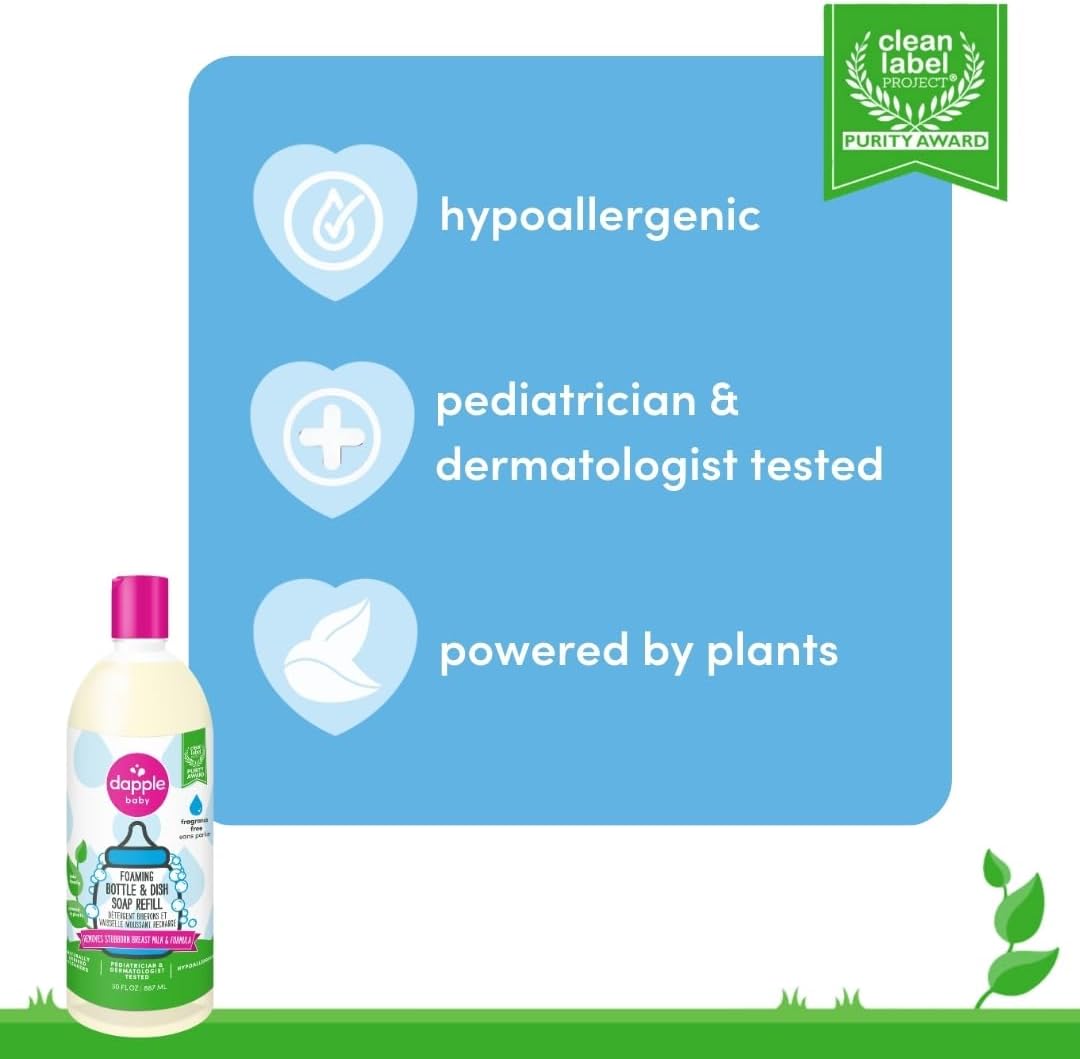 Dapple Baby Fragrance-Free Foaming Baby Bottle & Dish Soap - 13 fl oz - Cleans Bottles, Sippy Cups, Pacifiers, Breast Pumps, & More - Gently Removes Milk Film & Odors - Fragrance Free