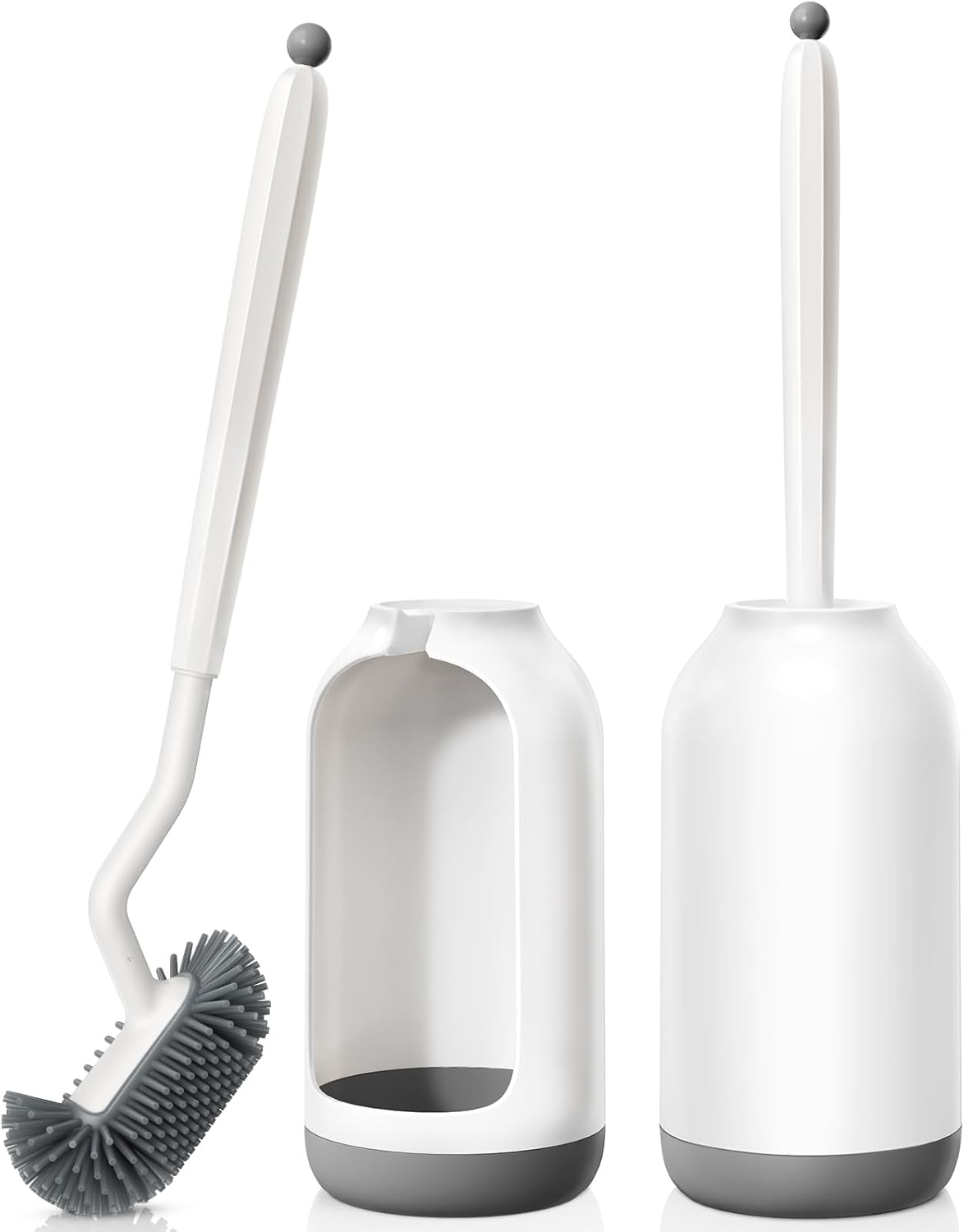 HAMITOR Toilet Bowl Brush Holder Set: Deep Cleaning Silicone Toilet Cleaner Scrubber Under Rim with Curved Bristle for Bathroom Dead Corner Clean - Modern Rv Toilet Decorative Accessories - Gray
