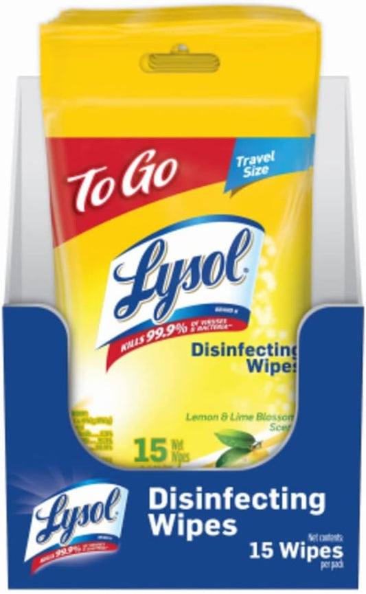 Lysol Disinfecting Wipes To-Go Pack, Lemon Scent, 15 Count (Pack of 6)