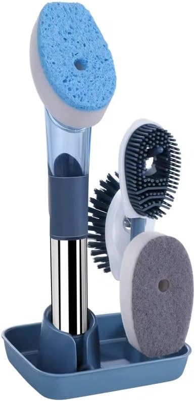 Soap Dispensing Dish Brush Set with Holder - 3 Replaceable Heads (Sponge, Scrubber, Brush) - Long Handle Kitchen Cleaning Brush for Pots, Pans, Sink & Dishes - Non-Slip Grip (Blue)