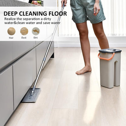 360° Microfiber Flat Mop with Hands-Free Self-Cleaning Bucket, Wash & Dry Dual Chamber System, Adjustable Handle, Includes 2 Microfiber Mop Pads, Wet & Dry Floor Cleaning - (LV-F02)