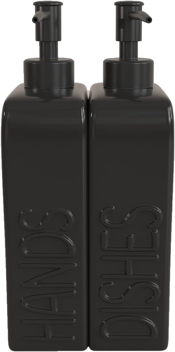 Soap Dispenser Set with Stainless Steel Pump, 2 Pack Ceramic Refillable Dish Soap and Hand Soap Dispenser for Kitchen, Bathroom, Matte White