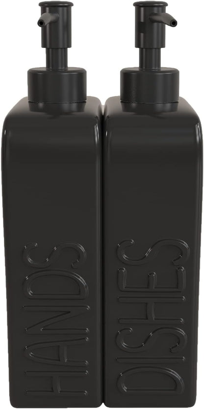 Soap Dispenser Set with Stainless Steel Pump, 2 Pack Ceramic Refillable Dish Soap and Hand Soap Dispenser for Kitchen, Bathroom, Matte White