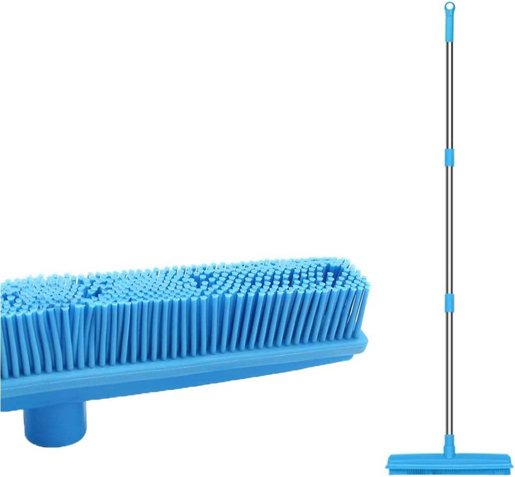 LandHope Carpet Rake for Pet Hair Remover Long Handle with Squeegee, Rubber Broom Carpet Brush Non Scratch Bristles Fur Remover Indoor Outdoor Push Broom for Cat Dog Hair Hardwood Tile Windows Clean