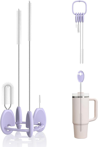 Straw Cleaner Brush Set for 𝗦𝘁𝗮𝗻𝗹𝗲𝘆, Baby Bottles and Sippy Cups,4 in 1 Standing & Hanging Cleaning Set with Holder Ring – Reusable Cleaner for Cup Lids, Spouts and More.(Purple)