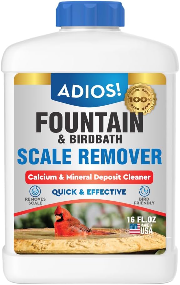 Adios! Fountain Scale Remover for Calcium, Lime and Hard Water Deposits on Bird Fountains, Baths and Water Features (8 oz)