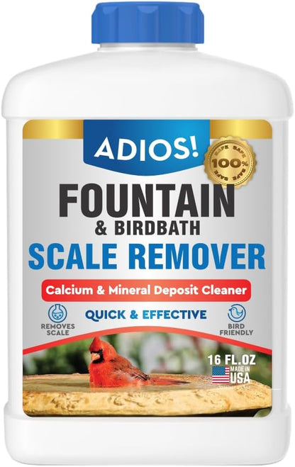 Adios! Fountain Scale Remover for Calcium, Lime and Hard Water Deposits on Bird Fountains, Baths and Water Features (8 oz)