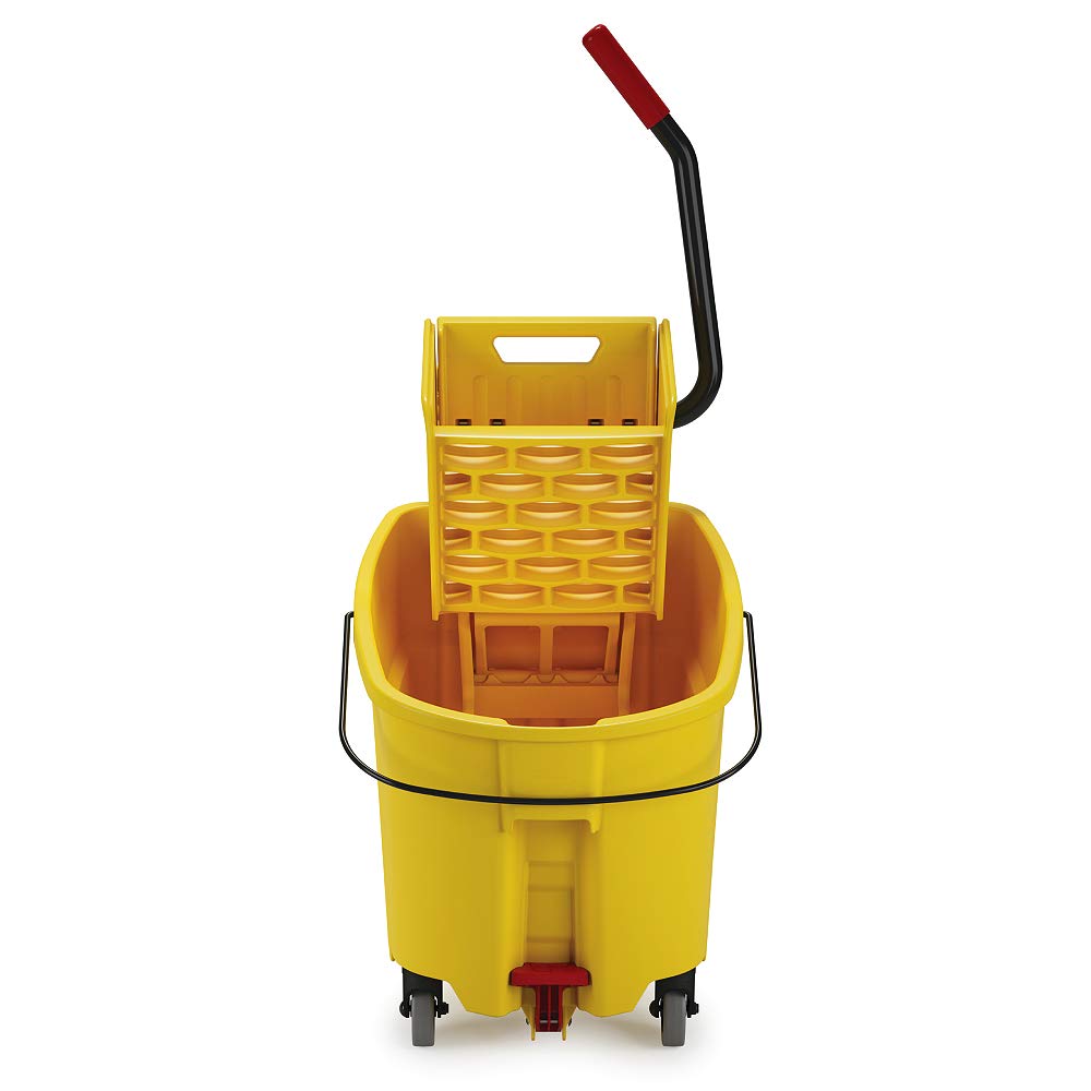 Rubbermaid Commercial Products WaveBrake 44 QT Side-Press Mop Bucket and Wringer Combo on Wheels with Foot Drain Yellow for Heavy-Duty Floor Cleaning