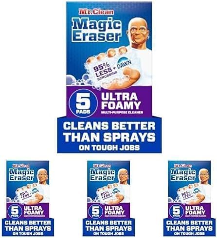 Mr. Clean Magic Eraser Foaming Sponge, All Purpose Cleaner, Dawn Cleaning Power, Wall Cleaner, Sneaker Cleaner, Oven Cleaner, Kitchen, Bathroom, Shower Cleaning Supplies, Scrubber, Ultra Foamy, 5ct