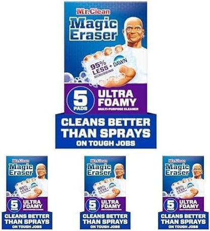 Mr. Clean Magic Eraser Foaming Sponge, All Purpose Cleaner, Dawn Cleaning Power, Wall Cleaner, Sneaker Cleaner, Oven Cleaner, Kitchen, Bathroom, Shower Cleaning Supplies, Scrubber, Ultra Foamy, 5ct