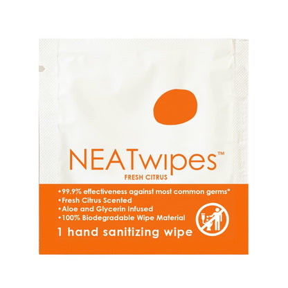 NEATwipes Hand Sanitizing Wipes | Travel Size | Disposable Wet Wipe & Planet Friendly | Lavender Essential Oil & Soothing Aloe | 24 Individually Wrapped Wipes per Package