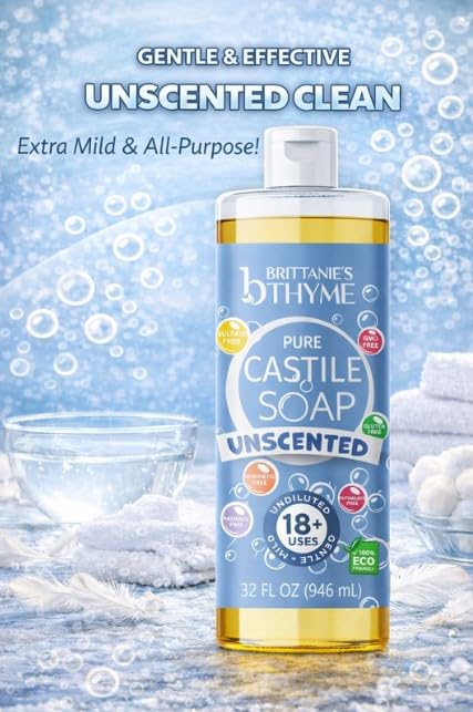 Brittanie's Pure Organic Castile Liquid Olive Oil Soap Refill, 1 Gallon Unscented | Face, Body Wash, All Purpose Cleaner, Dishes, Pets, Laundry | Vegan, Biodegradable, Made in USA