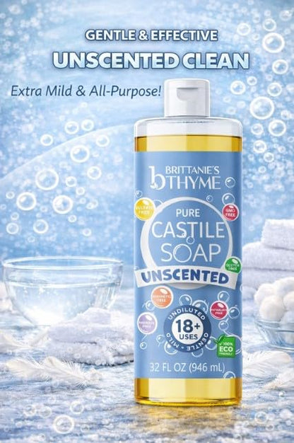 Brittanie's Pure Organic Castile Liquid Olive Oil Soap Refill, 1 Gallon Unscented | Face, Body Wash, All Purpose Cleaner, Dishes, Pets, Laundry | Vegan, Biodegradable, Made in USA