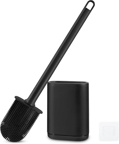Silicone Toilet Brush and Holder Bendable Efficient Cleaning Wall Mounted Toilet Bowl Brush with Long Handle Brush Head and Silicone Bristles No Rusty Handles Problem (Black)