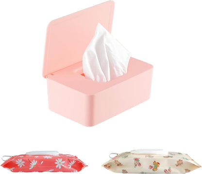 Wipe Dispenser White,Reusable Flushable Wipe Holder Set with 2Pcs Refillable Portable Wipe Bag for Baby Adult Bathroom,Wipe Container with Lids Keeps Wipes Fresh,Baby Shower New Mom Gifts