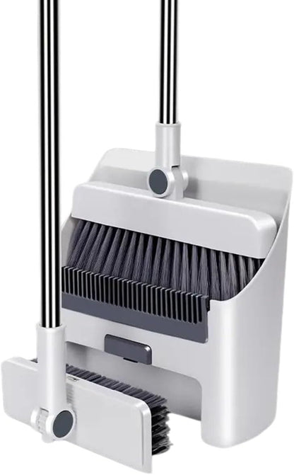 Broom with Dustpan Combo Set, 3 in 1 for Sweeping Indoor and Push Broom Outdoor with Dust Pan, 14.2 to 48.8 inch Adjustable Long Handle Broom and Dustpan Set (White)