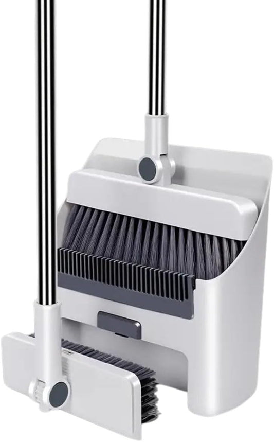 Broom with Dustpan Combo Set, 3 in 1 for Sweeping Indoor and Push Broom Outdoor with Dust Pan, 14.2 to 48.8 inch Adjustable Long Handle Broom and Dustpan Set (White)
