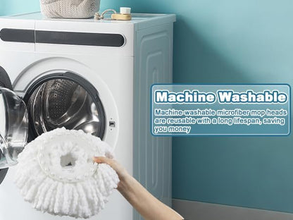 Stainless Steel Extendable Mop Handle with 2 Microfiber Replacement Heads & 360° Rotating Base Plate — Fits Standard Mop Buckets -White