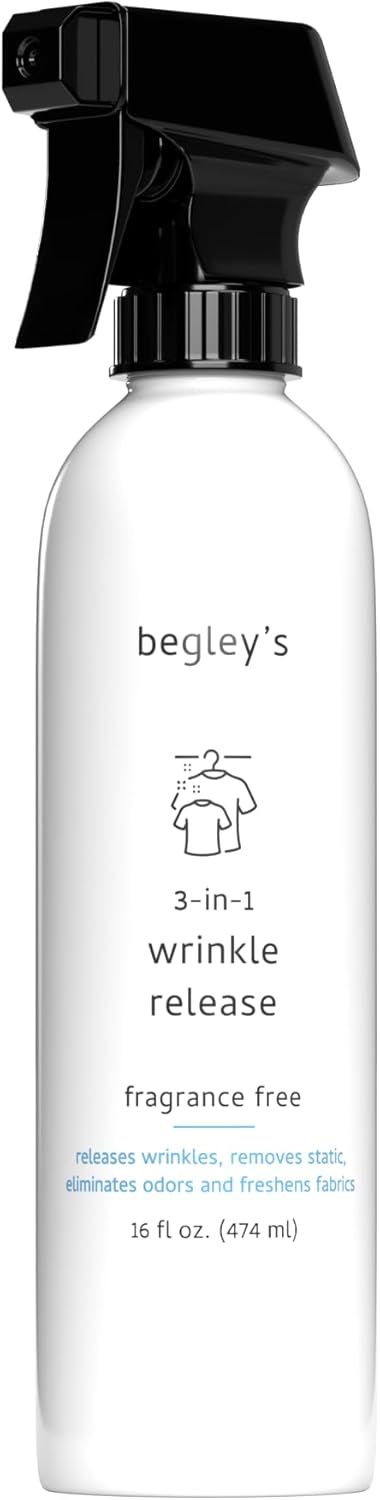 Begley's 3-in-1 Wrinkle Remover, Quick Fix Wrinkle Release, Static Cling Remover, Odor Eliminator and Fabric Refresher Spray - USDA Certified Biobased - Fragrance-Free, 3 oz Travel Size