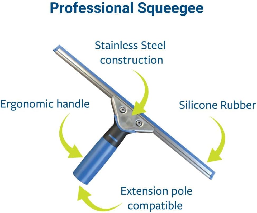 Professional Squeegee - Premium Quality Silicone Rubber Blades with Ergonomic Handle for Streak-Free Cleaning - Perfect for Windows, Shower Doors, and Railings